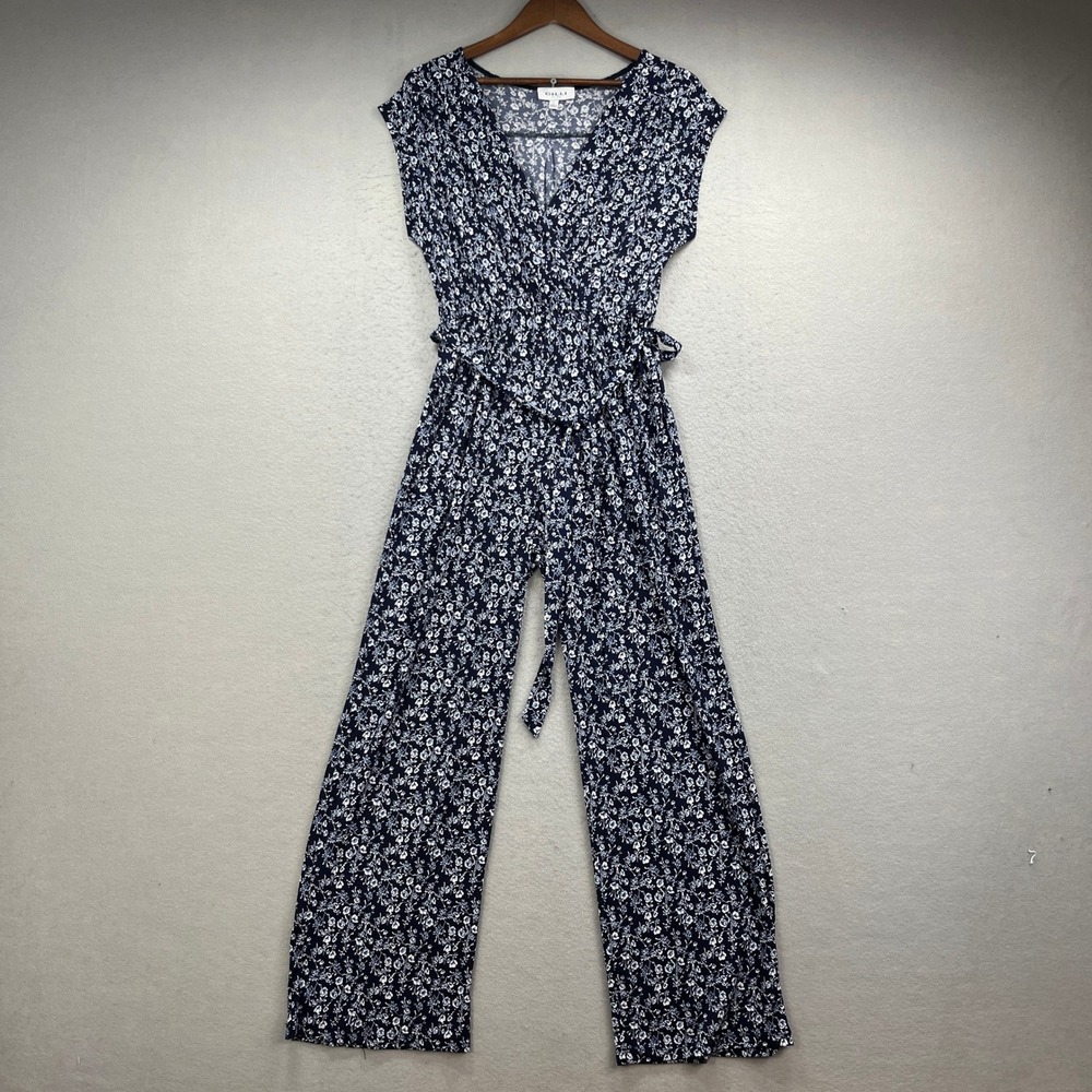 GILLI Jumpsuit Womens S Blue Floral Surplice Wide Leg Stretch Casual Boho Jumper